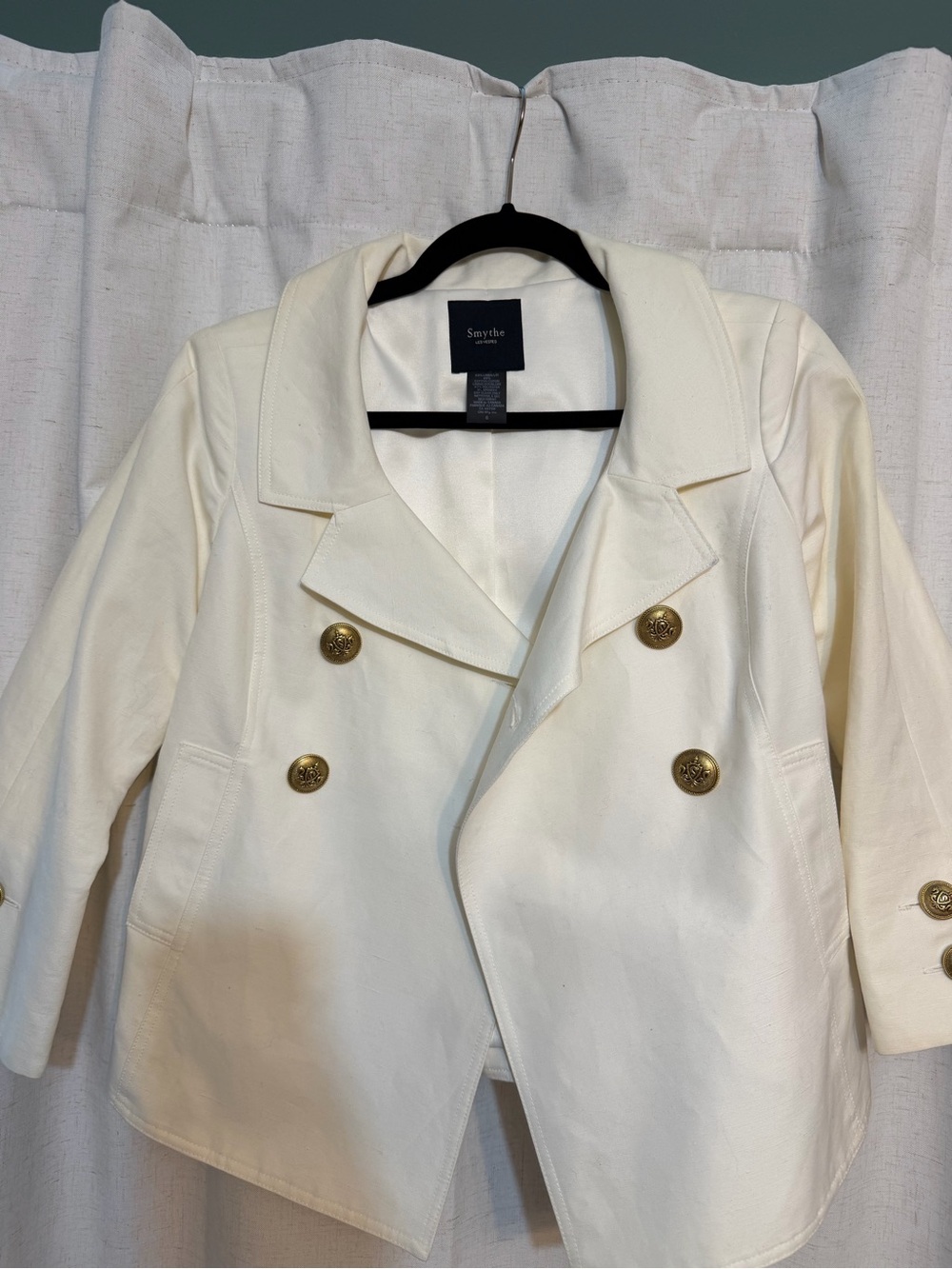 Smythe Ivory Double-Breasted Blazer with Embossed Gold Buttons